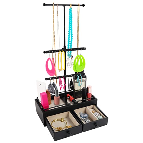 BELLE VOUS Organizador de Joyas Negro de Metal con 3 Niveles — Soporte para Joyas con Almacenamiento Básico y 2 Cajones — Colgador con Altura Ajustable para Pendientes, Collares, Brazaletes y Anillos Cover