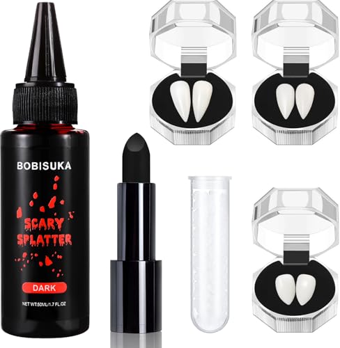 BOBISUKA Halloween Vampire Makeup Kit with Dark Fake Blood Black Lipstick 3 Pairs Vampire Teeth Horror Cosplay Costume Accessories for Halloween Vampire Party