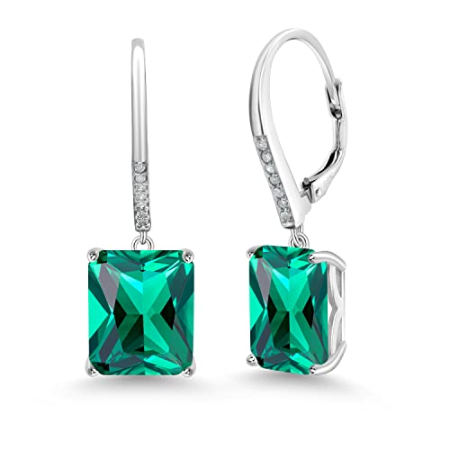 Gem Stone King 11-15 Cttw Leverback Drop Dangle Earrings for Women | 925 Sterling Silver | Gemstone Birthstone and White Diamond | Emerald Cut 12X10MM | Fine Jewelry Gifts for Her Mom Women Wife
