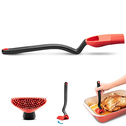 Image of Dreamfarm Brizzle 3-In-1 Flexible Silicone Sit-Up Basting, Drizzle, Scooping Brush with In-Built Sauce Resevoir - Red