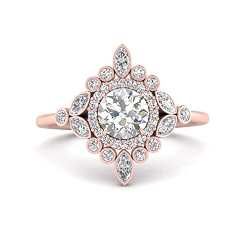 Image of 55Carat Choose Your Gemstone Round Halo Floral Engagement Ring Rose Gold Plated Round Shape Vintage Engagement Rings Everyday Jewelry Wedding Jewelry Handmade Gifts for Wife US Size 4 to 12