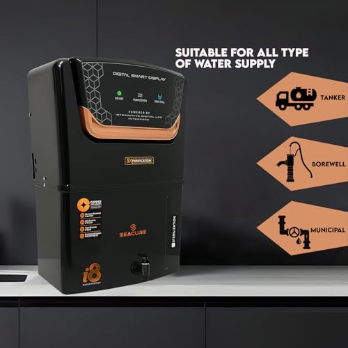 Image of Seacure Aqua i8 Digital Display RO Water Purifier for Home | RO+UF+UV+TDS+4X Alkaline Booster | 12L Storage | Fully Automatic | ISI Certified | Suitable for all type of water supply | Brown