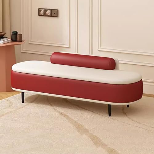 Banco otomano moderno de almacenamiento con almohada lumbar para entrada, caja de almacenamiento de piel sintética para el extremo de la cama, elegante taburete reposapiés para sala de estar (rojo y