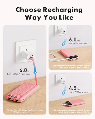 Image of charmast Portable Charger with Reinforced Built-in 4 Cables,10000mAh Power Bank Travel Essentials 6 Outputs 3 Inputs 3A Fast Charging Compatible with iPhone iPad Samsung Google Pixel LG Moto