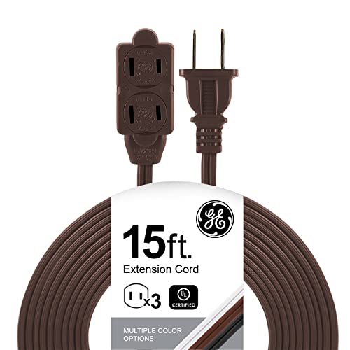 GE 3-Outlet Extension Cord with Multiple Outlets 15 Ft Power Strip 2 Prong 16 Gauge Twist-to-Close Safety Covers Outdoor Extender UL Listed Brown 51957