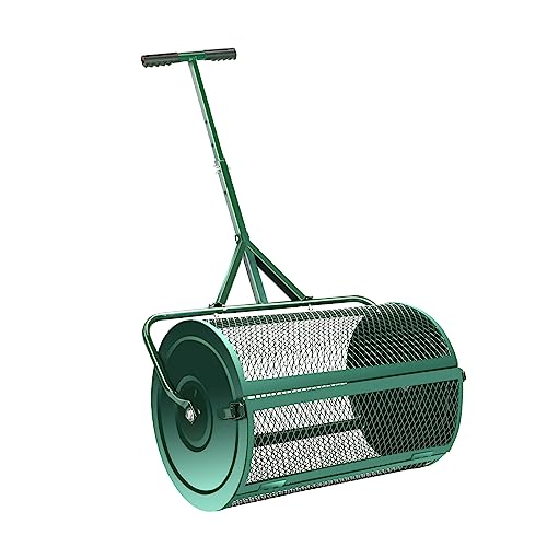 Aranya 24 Inch Spreaders for Lawns Compost Spreader with Adjustable T Shaped Handle, Peat Moss Fertilizer Spreader Roller Metal Mesh Basket for Lawn and Garden Manure Spreaders Soil Spreader (Green)