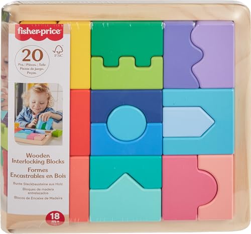 Image of Fisher-Price Wood Toddler Toy Interlocking Blocks Stacking Jigsaw Puzzle with 20 Wooden Pieces for Kids Ages 18+ Months