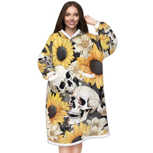 Snatocys Wearable Blanket Hoodie Skull Oversized Fleece Sweatshirt Blanket with Pocket Warm Cozy Hooded Blanket for Adult Gifts for Women Men, Sunflower