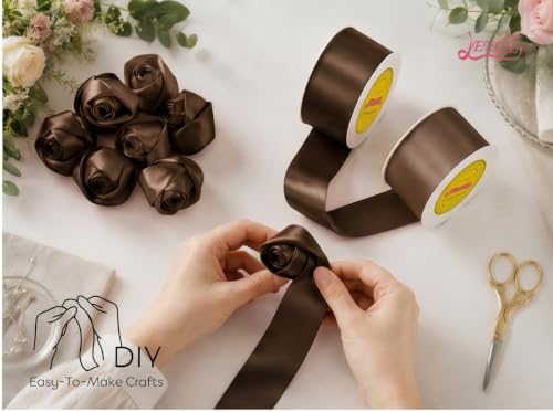 Image of Double Face Brown Satin Ribbon 1-1 /2 inch X 25 Yards Polyester Brown Ribbon for Gift Wrapping Very Suitable for Weddings Party Hair Bow Invitation Decorations and More