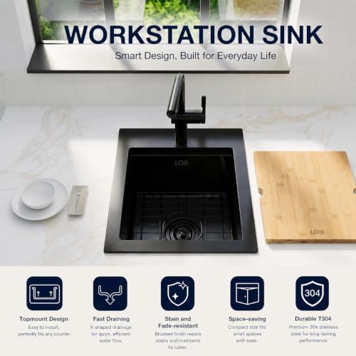 Image of LQS Matte Black Stainless Steel Sink Drop In, 16 inch x 18 inch Black Small Laundry Sink, Prep Sink with Cutting Board Drop In, Black Kitchen Sinks with Workstation Ledge For RV, Outdoor and Prep Use