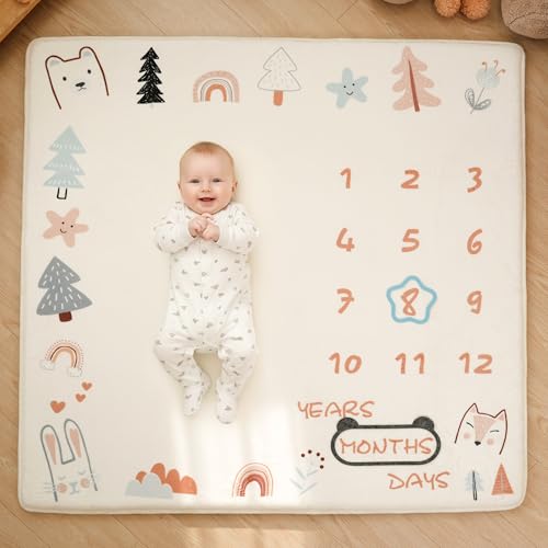 Image of 1.3 inch Thick Playmat for Floor, 50 x50 Monthly Milestone Mat, Padded Support Soft Plush Nursery Mats for Crawling Kick Activity, Flannel Photography Background Prop for Boys Grils