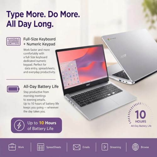 Image of Acer Chromebook 15.6 inch FHD Laptop, Intel Processor N4500, 4GB RAM, 64GB Storage, ChromeOS with Gemini AI, Numeric Keypad, Long Battery Life, for Education, Students & Everyday Use