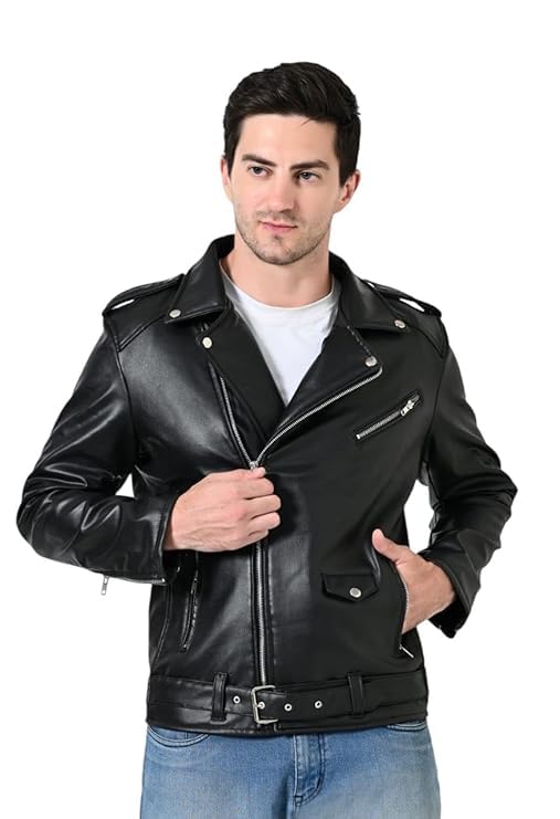 Men’s Black Faux Leather Belted Biker Jacket with Zippers and Lapel Collar for Stylish Casual Wear