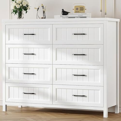 Jocoevol 8 Drawer Dresser for Bedroom with Deep Drawers, Large Wooden Double Farmhouse Dresser Chest of Drawers for Living Room, Hallway, Entryway — Antique White