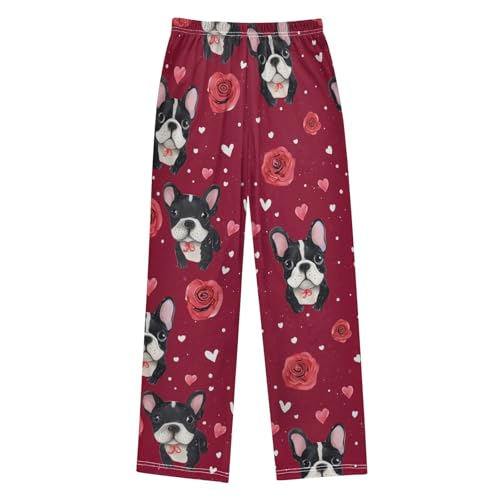 French Bulldog Rose Floral Boys Long Pants Soft Trousers Elastic Waist Kids Lounge Bottoms with Pockets S-XL2