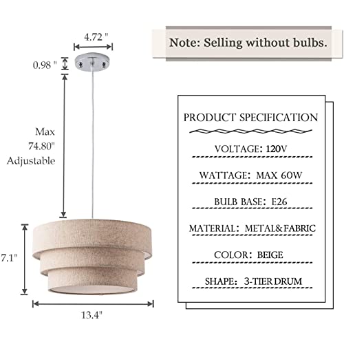Yifi Deco Modern Pendant Ligh,13.4" Drum Hanging Lamp Fixture With 3-Tier Linen Fabrics Lampshade, Elegant Pendant Lighting For Dining Room, Bedroom, Kitchen Island, Entryway, Hallway #TOP4