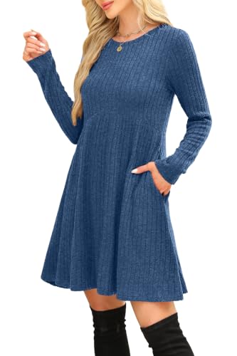 Image of OFEEFAN Long Sleeve Dress for Women Crew Neck Empire Waist Tunic Dress with Pockets