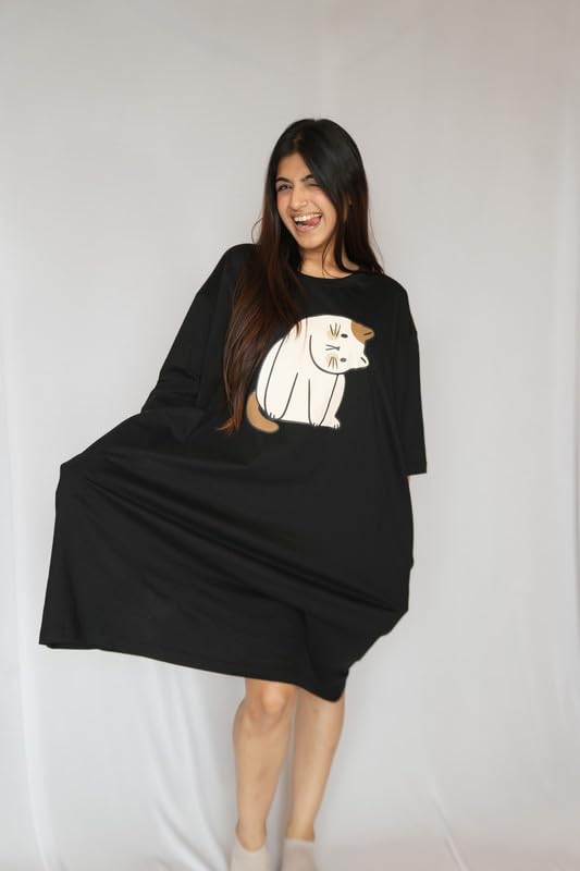 Image of LAMA STORE Women's Printed Oversized T-Shirt Dress, Cotton, 3 /4 Sleeve Length, Casual Loose Fit, Comfort Wear Extra Comfy Oversized Printed Pocket T-Shirt Dress