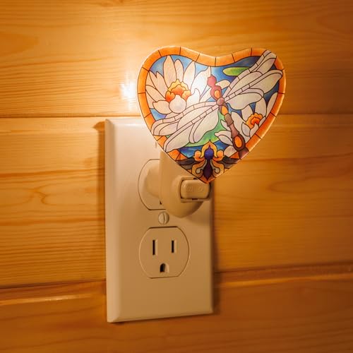 Image of Dragonfly with White Lotus Night Light - Stained Glass Styled Plug-in Wall Light for Vertical Outlets - Real Glass, Warm Glow for Bedroom, Bathroom, Hallway -Gift for Nature Lover