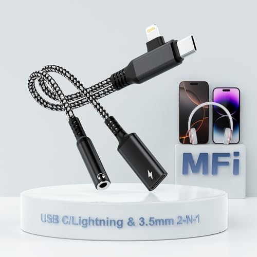 2 in 2 Lightning USBC to 3.5mm Headphone and Charger Adapter, [MFi Certified] USB C to Aux Audio Jack with PD 60W Fast Charging Dongle, Headphone Adapter for iPhone 16/15 14/13 Pro Max, Galaxy, Pixel