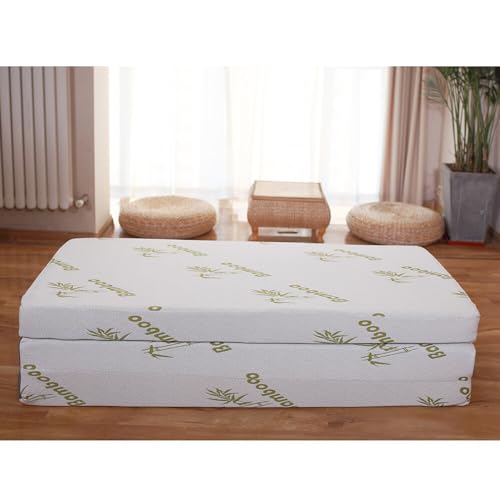 4FT6 Portable Tri Fold Mattress Double, 10cm Comfort Memory Foam Folding Mattress with Removable&Washable Bamboo Fabric Cover for home, camping and travelling