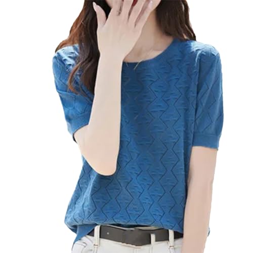 T-Shirt tricoté ajouré Kelsiop en coton haut de gamme avec col rond élégant