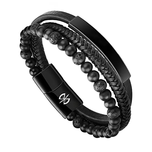 MEGAMUS Pulsera Cuero Hombre, Trenzada Hecha Cuerda Brazalete, Pulseras de Cuentas Cadena, Con Hebilla Magnética de Acero Inoxidable y con Regalo Joyas Caja, para Hombres España (Negro, 19.5) Cover