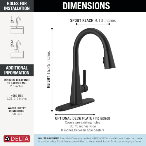 Delta Lenta Matte Black Kitchen Faucet with Pull Down Sprayer, Modern Single Hole Kitchen Sink Faucet, Single Handle, Matte Black 19802Z-BL-DST - image 6