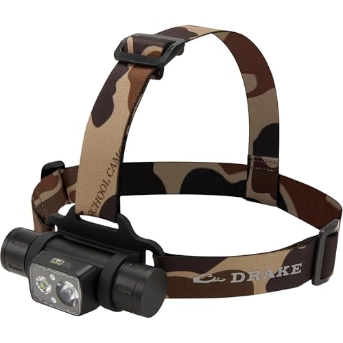 Drake Waterfowl EVO1500 Lumen Headlamp – Rugged Waterproof Aluminum Headlamp with Rechargeable Power Supply, Multi-Mode Light, and Lockout Setting, Old School