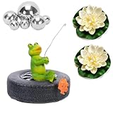 Teichdeko Miniteich Schwimmende Frosch Deko Mit 6 Schwimmkugeln 2 Schwimmend Lotusb, Gartenfiguren Außen Wetterfest Harz Statue Deko Figur Frosch Gartendeko Für Gartenteich Balkon Miniteich Becken (I)