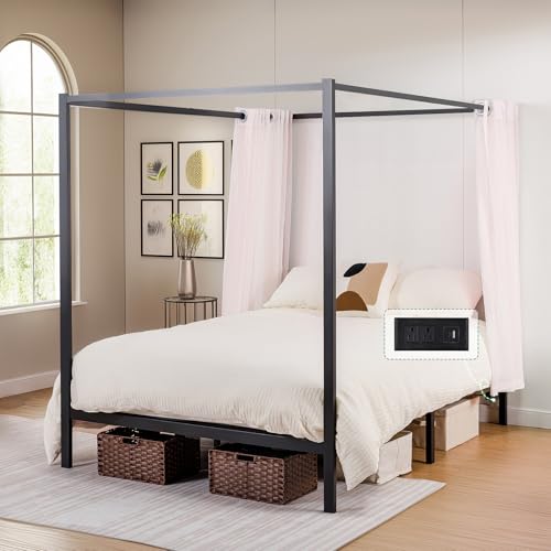 COMHOMA Canopy Bed Frame, Metal Bed with Movable Charging Station,