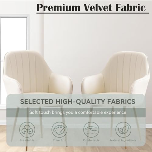 Image of Velvet Accent Chair | Luxury Upholstered Armchair with Sturdy Metal Legs | Modern Comfortable Chair for Living Room, Bedroom, Office, or Cafe (Golden Legs, White Set of 2)