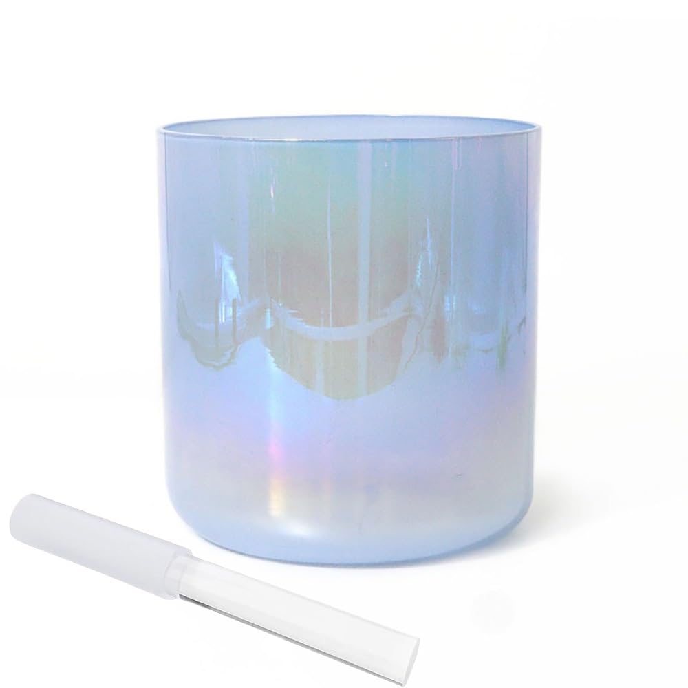 Cuenco de cristal transparente morado y azul, cuenco de luz cósmica, con golpeador de cuarzo y junta tórica para sonido de meditación de yoga (440 Hz, nota G de 6 pulgadas)