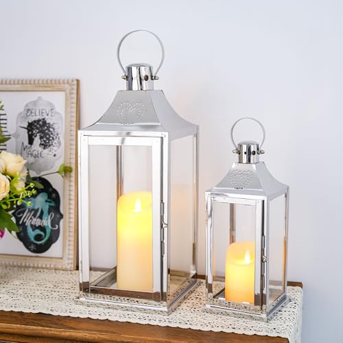 TRIROCKS Set mit 2 Dekorativen Laternen aus Edelstahl, 43&30cm Hoch, Kerzenhalter aus Metall mit Gehärtetem Glas für Zuhause Wohnzimmer Garten Hof Partys Event Indoor Outdoor (Silber)