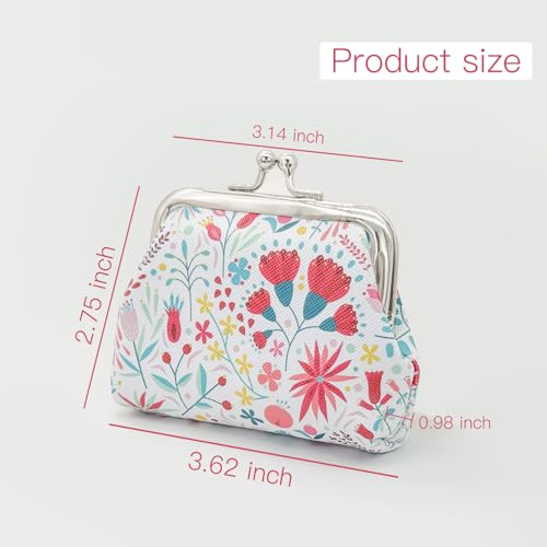 Image of FuninCrea 2 Pcs Faux Leather Coin Purse for Women with Kiss Lock, Floral Pattern Change and Coin Wallet Double Clasp Closure Mini Wallet for Cash Key(Pink+White)