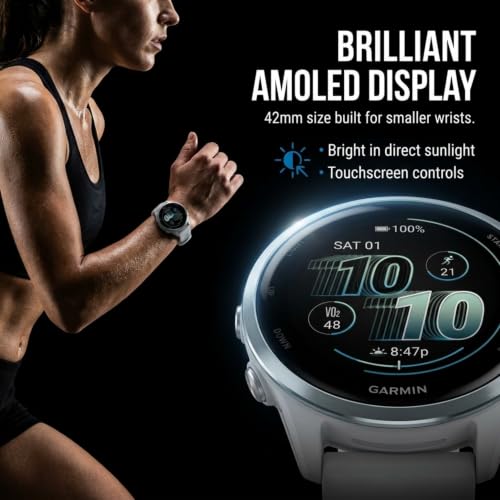 Image of Garmin Forerunner 570 42mm Advanced GPS Running & Triathlon Smartwatch AMOLED Display Training & Recovery Cloud Blue Aluminum w /Translucent Whitestone /Cloud Blue Band w /Wearable4U White EarBuds Bundle