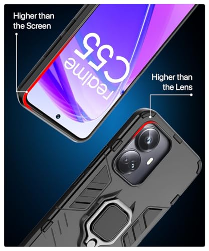 Image of WOW IMAGINE Shock Proof Back Case Mobile Cover for Realme C55 | Realme Narzo N55 | Back Cover Case (Tough Armor | Hybrid PC + TPU | Ring Holder & in-Built Kickstand | Black)