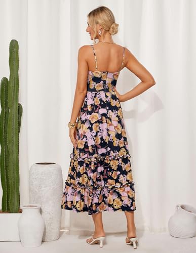 GRACE KARIN 2025 Women's Summer Floral Maxi Dress Casual Sleeveless Ruffle Tiered Wedding Guest Flowy Dresses with Pockets3