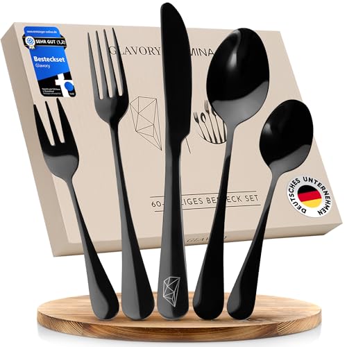 Glavory Lumina - Besteck Set 12 Personen Schwarz Hochglanz - 60teilig - Besteckset Spülmaschinenfest aus rostfreiem 18/8 Edelstahl - Schwarzes...