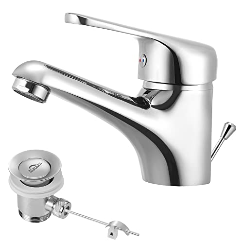 Auralum Wasserhahn Bad mit Zugstange, Einhebel-Waschtischarmatur mit Ablaufgarnitur, Chrom Einhandmischer Waschbecken Armatur Badarmatur Mischbatterie Waschtischmischer für Badezimmer Cover