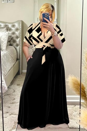 Image of Plus Size Women's 2 Piece Outfits Casual Short Ruffle Sleeve Wrap Crop Top Maxi Long Dress Flowy Matching Sets