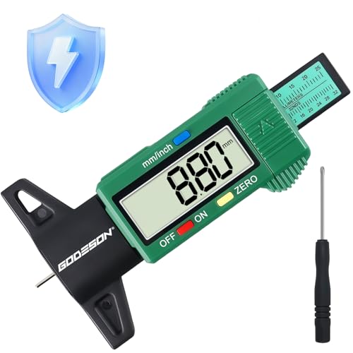 GODESON Jauge Profondeur Pneu Digitale, 0-25,4 MM/1 Pouce, Grand Écran LCD, Mode Économe en Énergie, Vert Jauge de Profondeur pour Voitures, Camions, Motos
