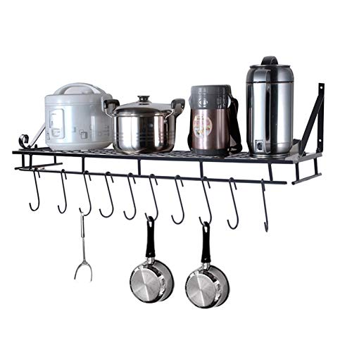 Wall Mounted Pot Rack, 90 cm Heavy Duty Kitchen Storage Organiser with 10 Hooks, Black Metal Pan and Pot Holder for Cookware, Utensils Organization