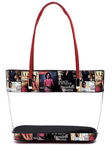 Bolso tote transparente con estampado de portada de revista de Michelle Obama, 3 en 1 (bolso y billetera), cuero vegano sintético, cierre con cremallera, acabado dorado miniatura 2