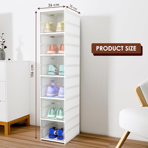 Image of Sneaker Box- 6 Tier Shoe Rack | Collapsible Shoe Organiser With Door-Foldable Sneaker Crates Footwear Organiser For Men, Women, Heels, Boots, Loafers, Sneakers, Slippers - Plastic ( White, 6 LAYER )