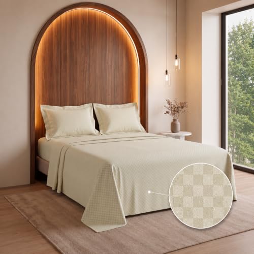 Image of LANE LINEN 400TC 100% Cotton Micro Check King Size Bedsheet - Linen | OEKO-Tex Certified, 108 x 108 Inch, Fits King & Double Size Bed, Breathable & Wrinkle-Free, Includes 2 Pillow Covers