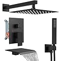 Midanya Rain Shower System Tub Shower Faucet Set Square Rainfall Shower Head with Handheld Sprayer and Waterfall Tub Spout Rough-in Valve Shower Mixer Combo,10 Inch Matte Black
