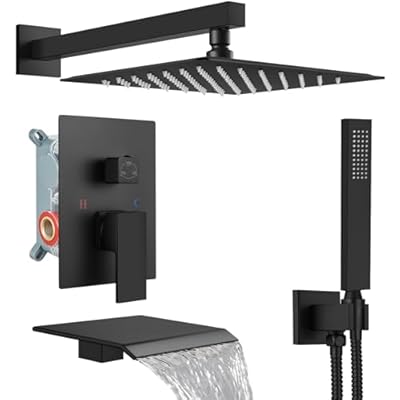 Midanya Rain Shower System Tub Shower Faucet Set Square Rainfall Shower Head with Handheld Sprayer and Waterfall Tub Spout Rough-in Valve Shower Mixer Combo,10 Inch Matte Black