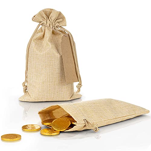Scalar Solutions 50 Pcs Burlap Gift Bags - Easy Tie Knot, Won’t Break Or Tear, Large 5” X 8.5” Hessian Jute Linen Fabric Muslin Bags With Drawstring #TOP4