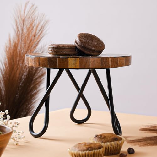 Image of CASA Decor Tribal Souk Wood & Metal Pizza Pastry Cake Stand Pack of 1 (Brown, Diameter-8 Inch)